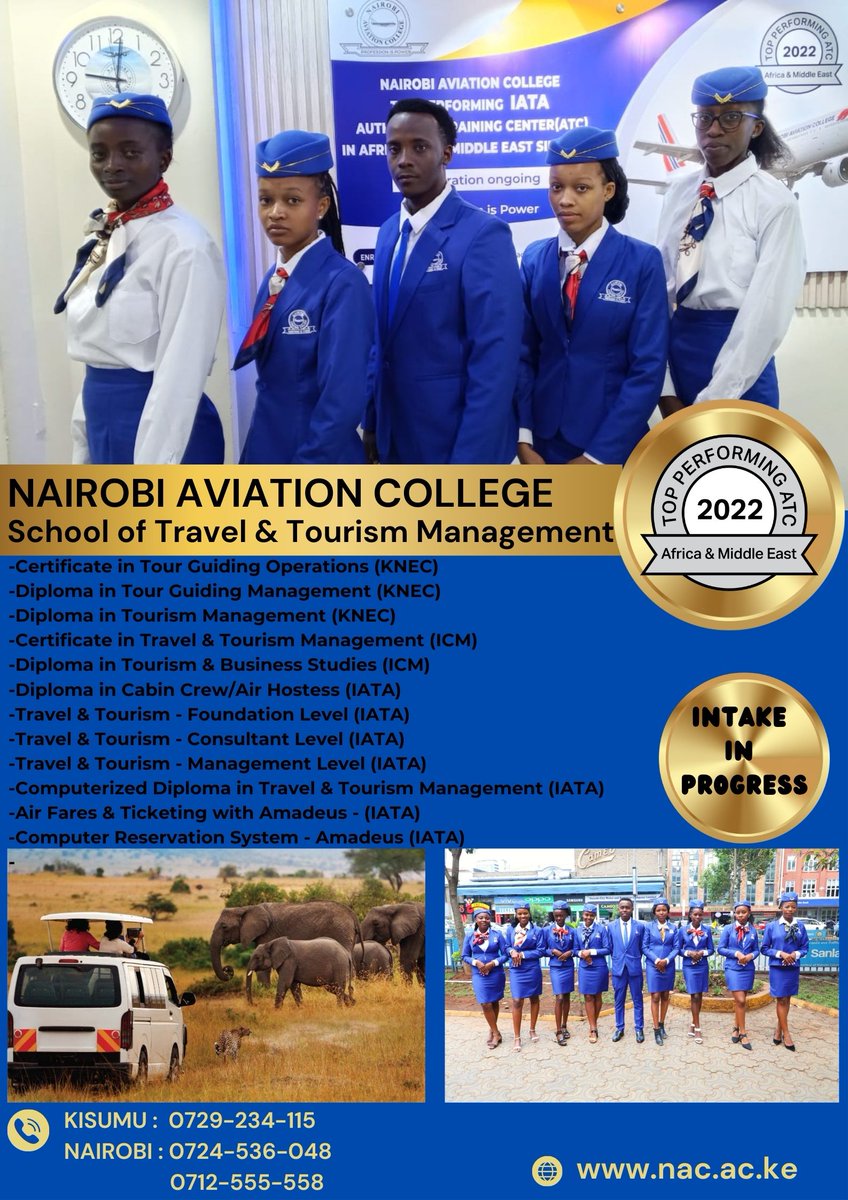 NAC_MAIN's tweet photo. ✈️✈️SCHOOL OF TRAVEL AND TOURISM MANAGEMENT🌎🌍
Embark on an exciting journey into the world of Travel and Tourism!  Join our Travel and Tourism Management Courses and unlock the secrets to creating unforgettable experiences for travelers around the globe!
1. Certificate in Tour Guiding Operations (KNEC)
2. Diploma in Tour Guiding Management (KNEC)
3. Diploma in Tourism Management (KNEC)
4. Diploma in Cabin Crew / Air Hostess (IATA)
5. Travel and Tourism - Foundation Level (IATA)
6. Travel and Tourism - Consultant Level (IATA)
7. Travel and Tourism - Management Level (IATA)
8. Computerized Diploma in Travel & Tourism Management (IATA)
9. Air Fares and Ticketing with Amadeus (IATA)
September intake is ongoing.
#ProfessionIsPower
#tourism
#cabincrew
#travel
#tourguide
Apply/Enquire via WhatsApp 👇
https://t.co/i0xiwejlZD.