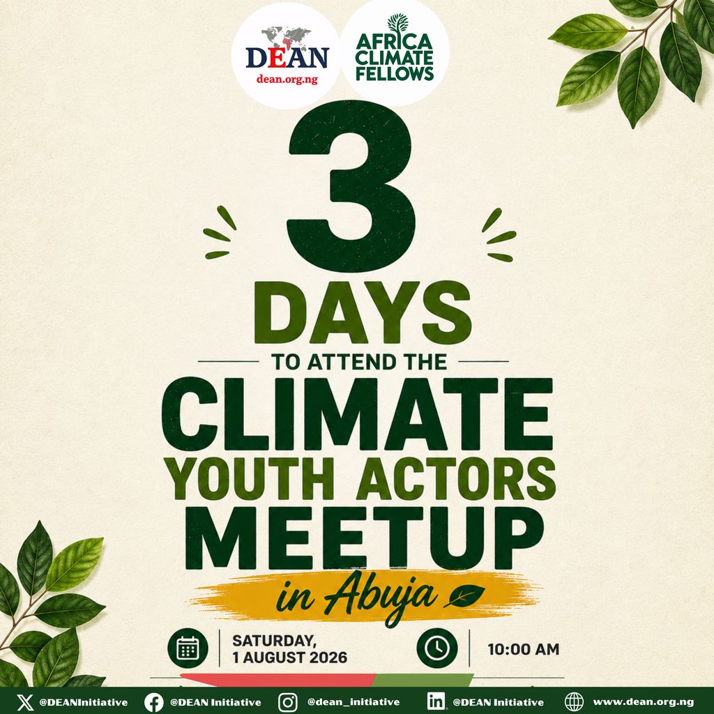 AfCliFellows's tweet photo. 3 days! 🌍

The climate community is pulling up... and so should you. 💚

See you this Saturday for good conversations, new friends, and lots of climate energy. 
 #ClimateStories, #DEANClimateHangout, #ClimateInAbuja, #ClimateChampions https://t.co/iy7XSRimyG