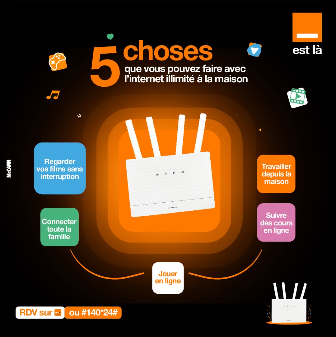 Orange_Cameroun's tweet photo. Du divertissement, du travail et une connexion fluide pour toute la famille 🏠
Avec la Flybox Orange à 25 000 F, profitez de 30 jours illimités jusqu’à 10 Mbps, 1 box offerte avec 8h d’autonomie et 10 000 U d’appels.
Rendez-vous sur Max it ou tapez #140*24#.
#HomeInfinity https://t.co/1T7gQqWnr5