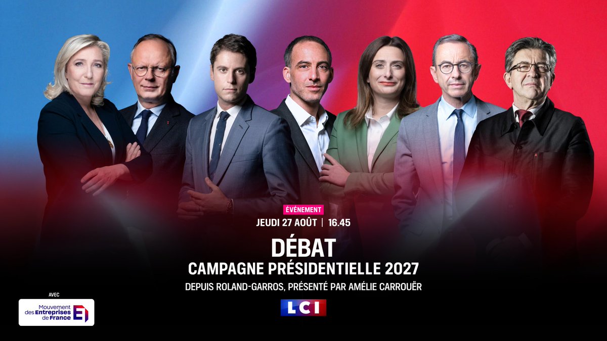 LCI's tweet photo. 🔴 Les premiers grands rendez-vous de la rentrée politique, sont sur #LCI.

📅 Jeudi 27 août à 16h45, suivez en direct et en exclusivité le débat organisé par le @medef dans le cadre de #LaREF26.

🎙️ Présenté par @Acarrouer.

📺 Rendez-vous sur #LCI, canal 15 https://t.co/S6PC5wm1of