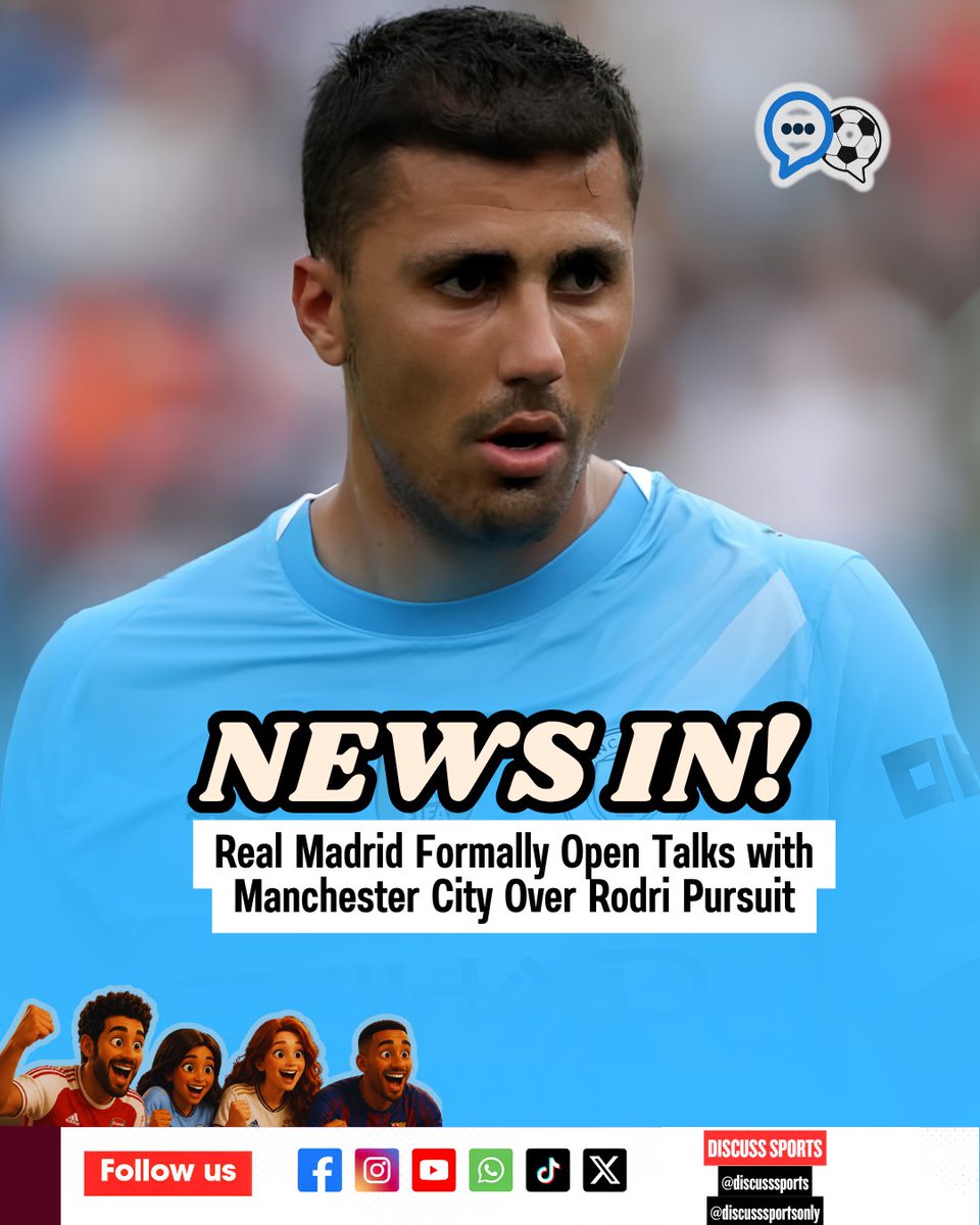 _discusssports's tweet photo. Real Madrid have initiated direct formal contact with Manchester City to explore a transfer for 30-year-old midfielder Rodri, following approval from club president Florentino Pérez to pursue the Spanish international this summer. https://t.co/oCRXCZzVQW