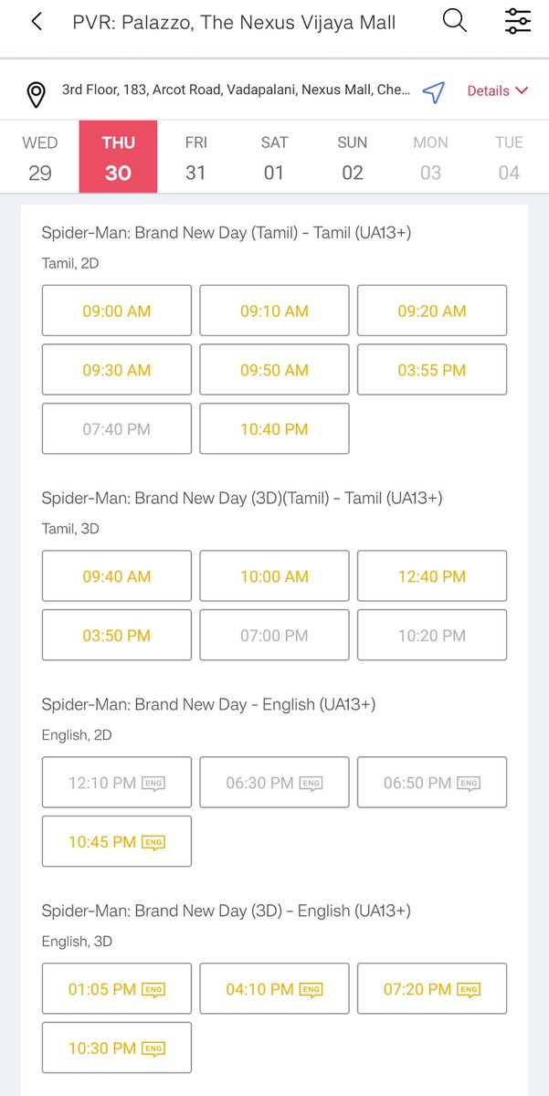 GuruMurthy2004's tweet photo. It's really frustrating to see that there are no Morning shows/enough screens for ENG version,Yeahh I am happy that the Tam versions growth.But it's sad to see @_PVRCinemas don't giving FDFS for Eng version.
All the #Pvrcinemas are blocking the tickets too! #SpiderManBrandNewDay https://t.co/GFH3XyGVrJ
