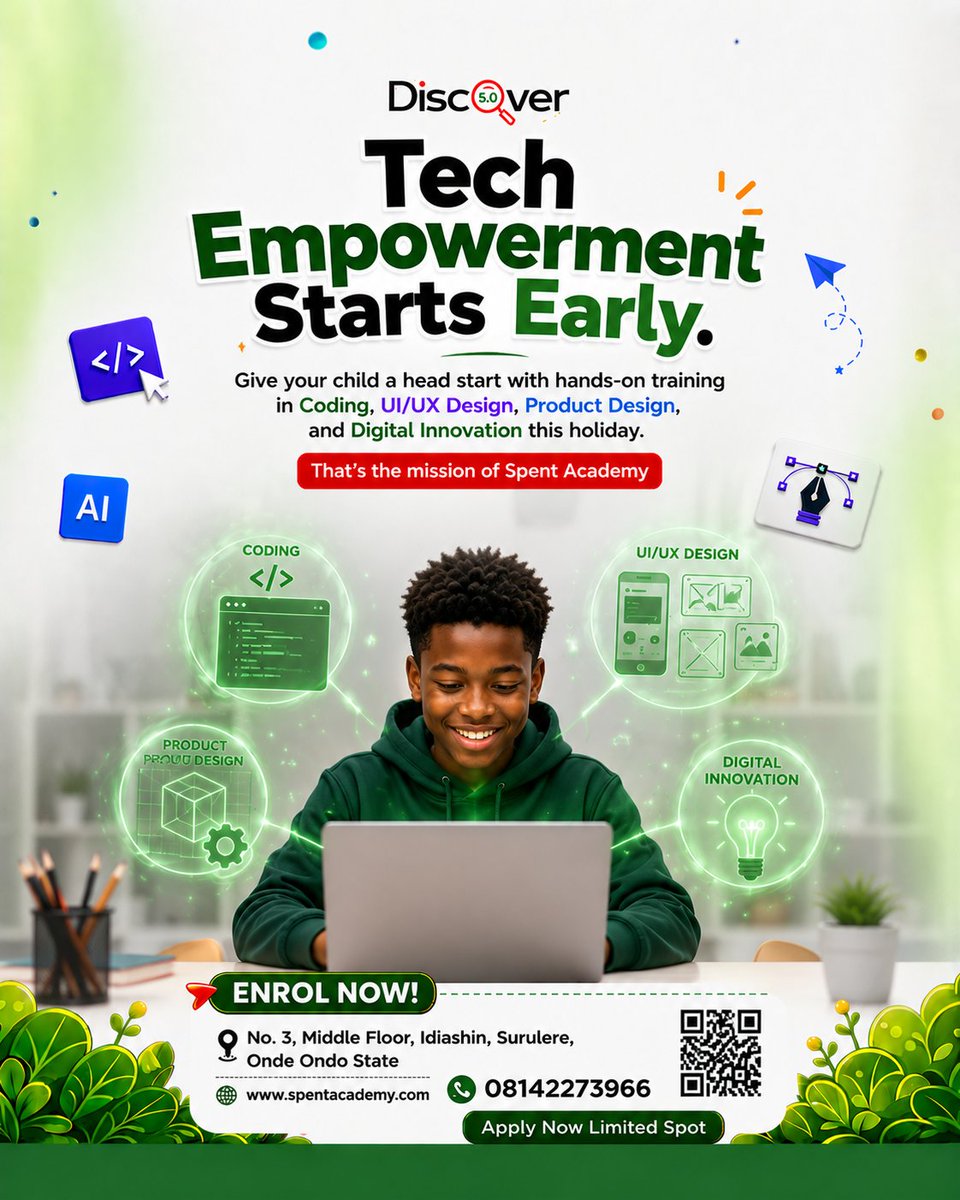 Spentacademy's tweet photo. Tech Empowerment Starts Early.
Give your teen a holiday that builds skills, confidence, and creativity.
π Coding π€ AI π¨ UI/UX π‘ Product Development
Start their tech journey with Discover 5.0.
Start here: https://t.co/m4rZD7fdJz
#Discover5 #SpentAcademy #TechForTeens https://t.co/dQ7TXAOMom