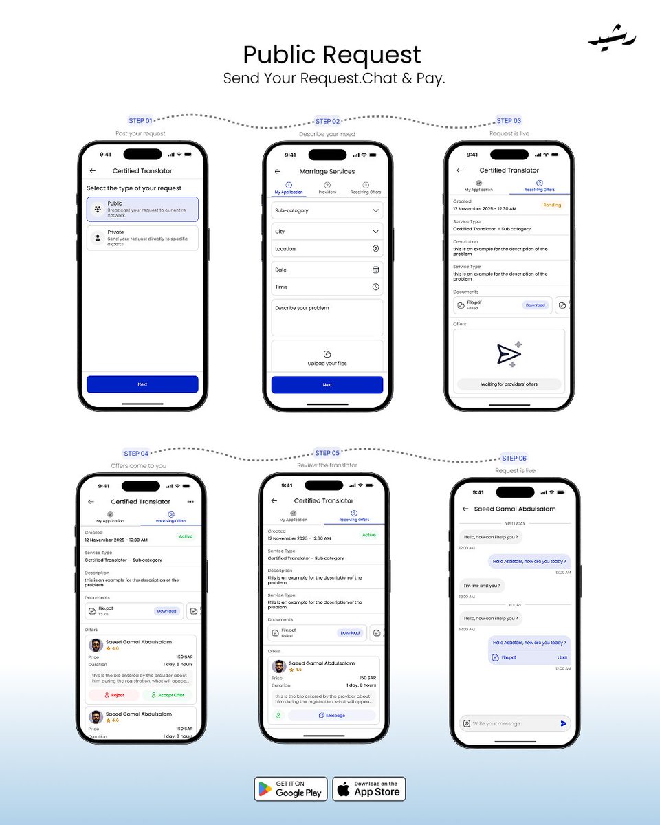 iRasheedApp's tweet photo. خدمة الترجمة المعتمدة في رشيد 🌐
 حدد اللغتين، ارفق ملفاتك، واستلم عروض مترجمين معتمدين وتواصل معهم مباشرة – وادفع بأمان.
Certified Translation on Rasheed: choose languages, attach files, receive offers from certified translators, chat &amp; pay securely.

#رشيد #Rasheed https://t.co/LQ0tmoxwY5