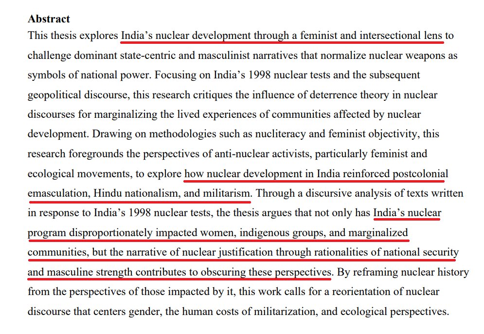 sougat18's tweet photo. Scholar from University of Hawaii has published Master of Arts thesis on "A feminist analysis of India's Nuclear Development" in May 2025.  Do spend a minute to take a look at the highlighted lines in the abstract.