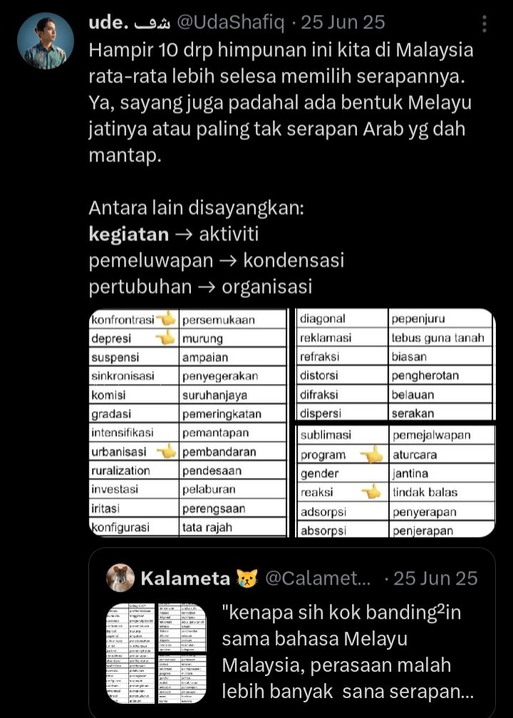 UdaShafiq's tweet photo. Maaf berlain pandangan.

Ude lagi memilih kekalkan sebutan dan ejaan kata Inggeris yang asal sebolehnya.

Kita dahulukan kata “keadaan” tapi kalau nak pakai kata ‘situation’ dalam berbual tolong kekalkan Inggerisnya berbanding mengalih huruf jadi ‘situasi’.

— musuh alih huruf https://t.co/H2EOELyvxk