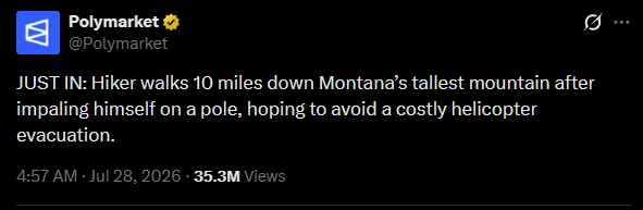 000xy_0's tweet photo. MOST VIRAL THING TODAY, 24M + 35M VIEWS.

Bear On Pole ran to 6M and we literally got an even more viral and funny pole play.

This dude is literally becoming a MEME and going insanely viral for getting impaled by a POLE while hiking, and hiked down cuz he didn't want to pay helicopter fees.

The story is everywhere and is only getting more and more viral.

It would be only correct to send this as "Pole In Human" to fit in the pole narrative.

https://t.co/1tfLidBhQ2 (35M post)

https://t.co/tajBjSua5W (24M post)
