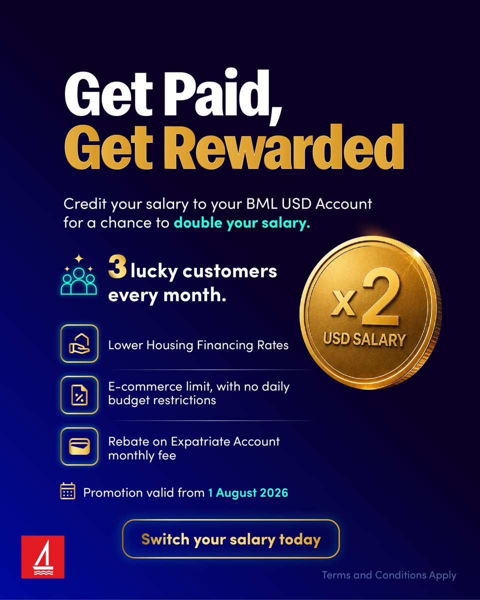 bankofmaldives's tweet photo. Credit your salary to your BML USD Account for a chance to double your salary! 🙌 https://t.co/tv6QK3bjah