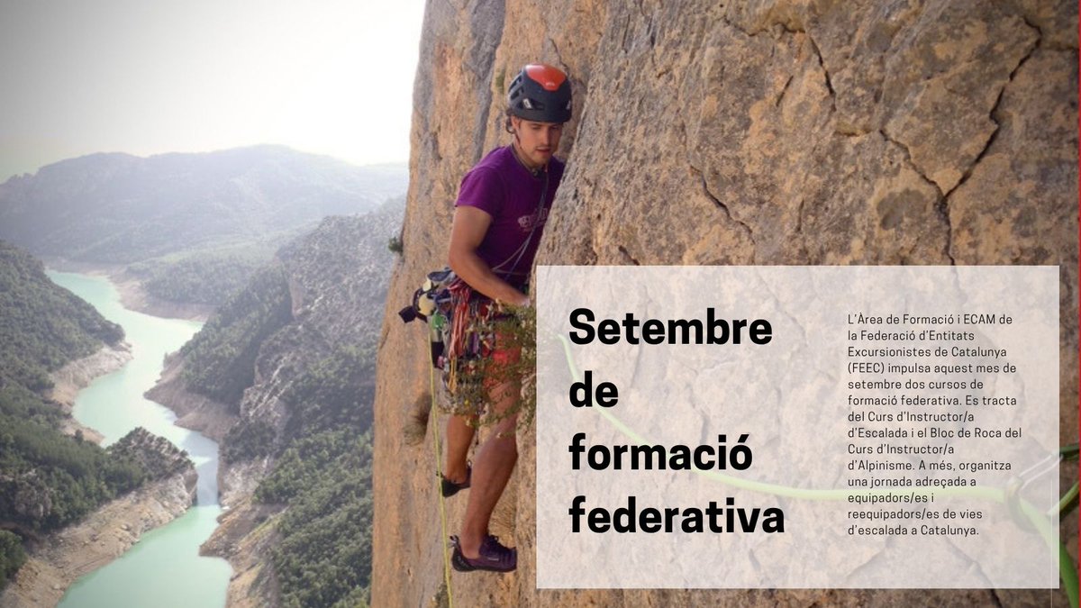 FEEC_cat's tweet photo. 👩‍🏫🧗‍♀️ Aquest setembre, formació federativa a la #FEEC.

➡️ Curs d'Instructor/a d'Escalada
➡️ Bloc de Roca del Curs d'Instructor/a d'Alpinisme
➡️ Jornada per a equipadors/es i reequipadors/es de vies d'escalada a Catalunya

🔗https://t.co/7OOWHot55L

#sentlamuntanya #sommuntanya #somformació