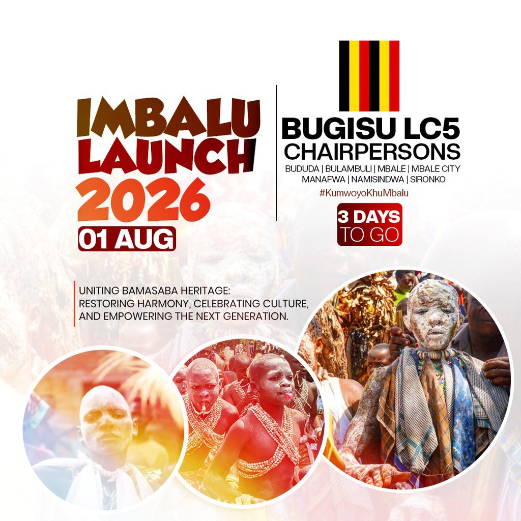 mbale_says's tweet photo. 3 DAYS LEFT!
Bamasaba, it’s time to celebrate our roots!
Imbalu Launch 2026 is coming with culture, dance, and pride.
See you in Mbale on 01st Aug, 2026.

#KumwoyoKhuMbalu 
#VisitMbaleCity
#Imbalu2026
#MbaleSays https://t.co/gx2qvmPI01
