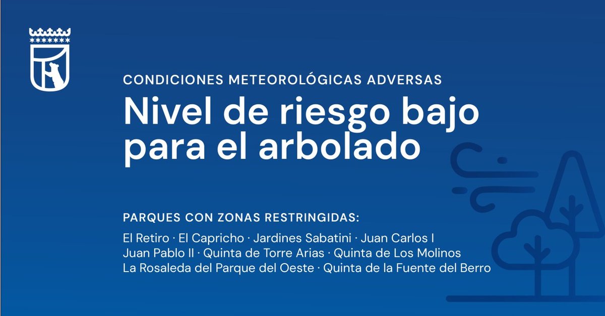MADRID's tweet photo. 📢 Este miércoles 29 de julio de 12:00 a 21:00 h., se activan las medidas recogidas en el protocolo de parques por riesgo bajo de afección al arbolado, según previsiones de @AEMET_Esp

👉 https://t.co/ZL0ySG8rUh https://t.co/hAqOGvvCAY