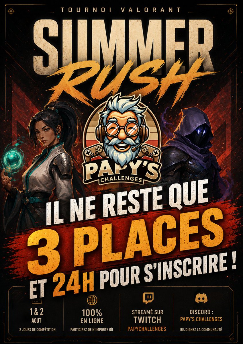PapyChallenges's tweet photo. Le Summer Rush c'est ce week-end sur Papy's Challenges ! Alors dépêche toi et viens défier @BMs__eSport @AstraaCorp @NafeOfficiel @TheD1ka 

Insciptions ouverte jusqu'au 30 Juillet à minuit sur https://t.co/dHjrWY2s4G

#tournoi #inscription #valorant #summer https://t.co/3iifYlX0nk