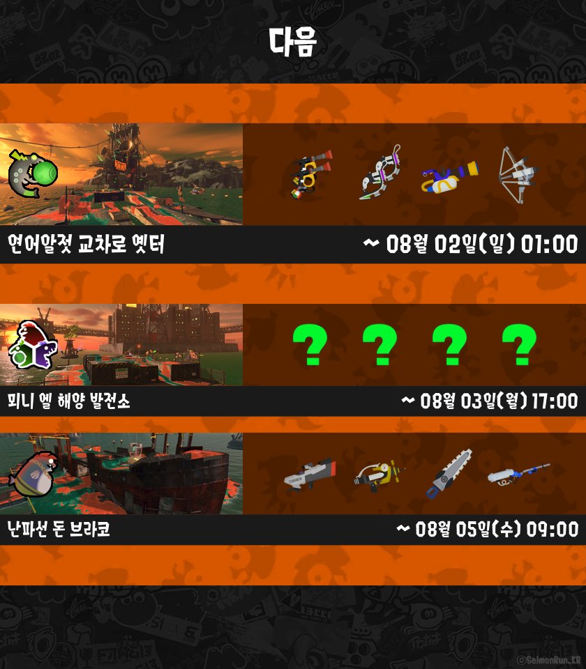 SalmonRun_KR's tweet photo. [ 오픈! ]
연어 심장 투기장
24식 도돌이 우산 갑 / 스플랫 머누버 / 듀얼 스위퍼 / 14식 대나무 총 갑
07월 31일(금) 09:00 까지

[ 다음 ]
연어알젓 교차로 옛터
소방 FF / 블랙 쿼드 호퍼 / 스플랫 스피너 / 트라이 스트링거
08월 02일(일) 01:00 까지 https://t.co/2QzoJi5DRP