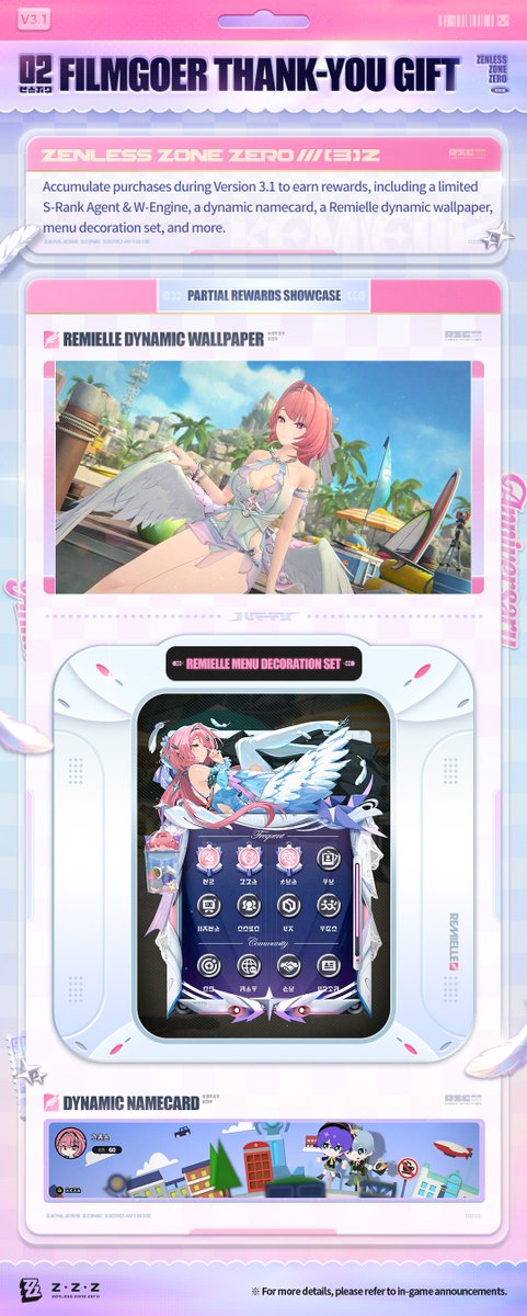 ZZZ_EN's tweet photo. V3.1 Festival Special & Anniversary Selects

Hey Proxies! Today, we're bringing you the latest intel on Version 3.1 updates, including the first purchase double bonus reset, the limited-time event "Filmgoer Thank-You Gift," brand-new outfits, and more. Let's check them out!

#zzzero #zenlesszonezero
#ZZZ2ndANNI