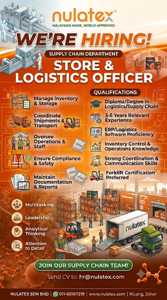 nulatex's tweet photo. We are hiring a Logistics Officer
📍 Kluang, Johor
🕘 Full time, in office position

Please email hr@nulatex.com or WhatsApp +60 11-6516 7219 to apply!

#HiringNow #JobOpening #JobVacancy_Alert https://t.co/W3ZmakYASy