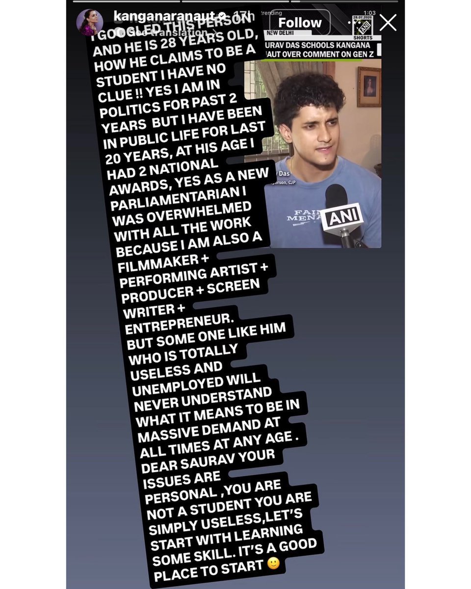 Warlock_mohit's tweet photo. Kangana Ranaut cooked Saurav Das in her latest insta story 😭🔥 https://t.co/VGsSkIcCni