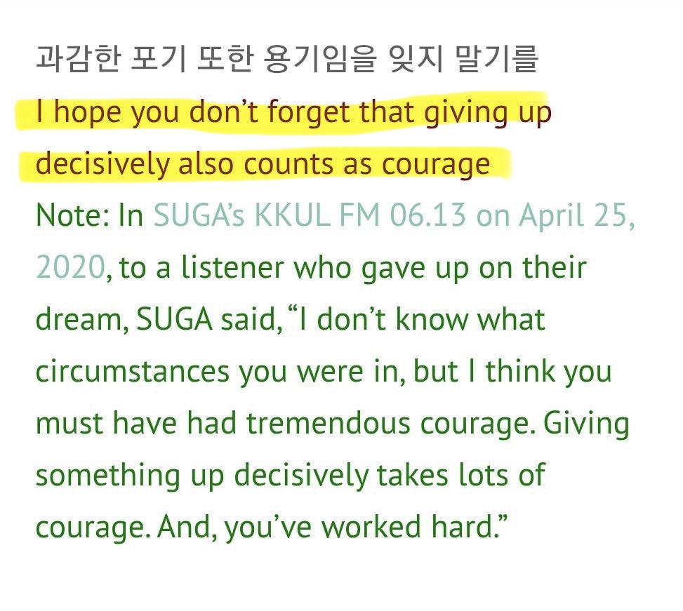 eternalwithbts's tweet photo. “dilerim ki, kesin bir kararla vazgeçebilmenin de bir tür cesaret olduğunu unutmazsınız.”

— Min Yoongi, KKUL FM 6.13 https://t.co/WpbSW8AUTG