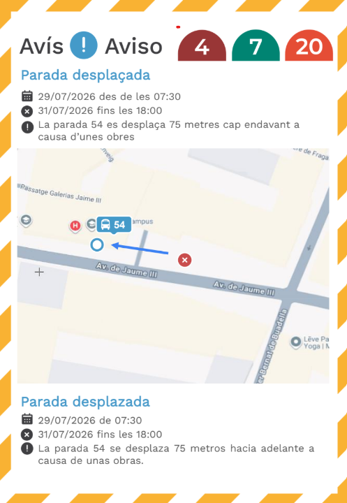 EMT_Palma's tweet photo. #AvisosEMT ⚠️Avui dia 29/07 la parada 54 es desplaça 75 metres cap endavant a causa d'unes obres, fins al 31/07 a les 18:00h. 👇
-
⚠️Hoy 29/07 la parada 54 se desplaza 75 metros hacia adelante a causa de unas obras, hasta el 31/07 a las 18:00h. 👇 https://t.co/Kf4UMJDhmO