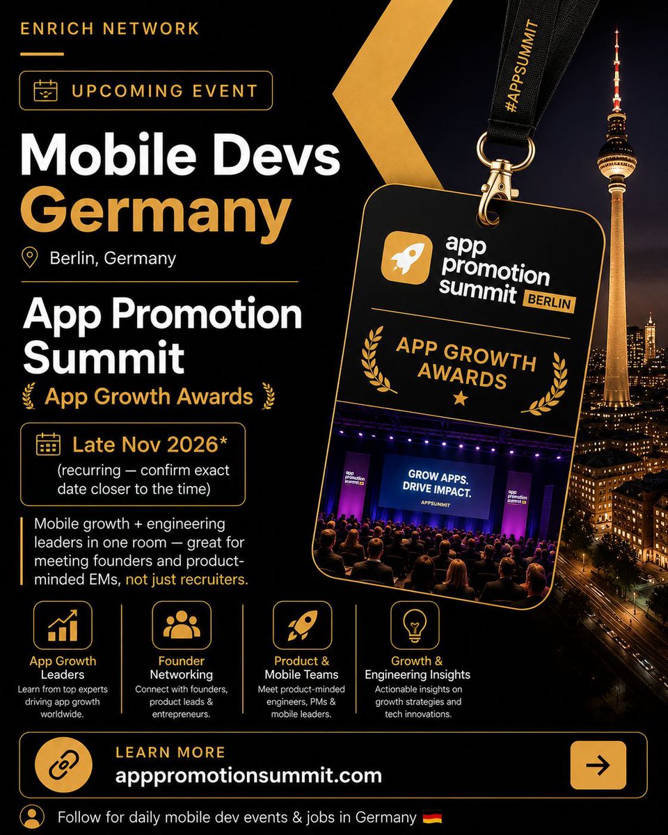 EnrichNetwork's tweet photo. 📅 Upcoming in Berlin 🇩🇪

Join the App Promotion Summit to connect with mobile growth experts, founders, product leaders, and engineering managers.

A must-attend event for anyone building mobile apps.

🔗 https://t.co/j5DSEioOEE

#AppPromotionSummit #BerlinTech #MobileDeveloper https://t.co/AviQQ2eN2u