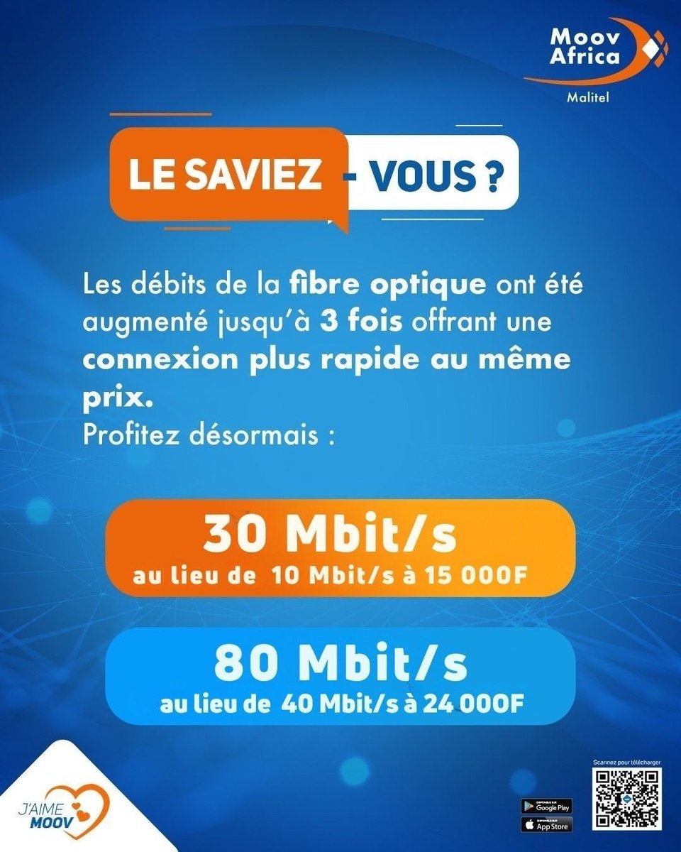 MoovAfrica_ml's tweet photo. 🚀 Bonne nouvelle ! Profitez désormais d'une fibre jusqu'à 3 fois plus rapide, au même prix. Passez à la vitesse supérieure avec Moov Africa Malitel. 💙🧡 #FibreMoov #InternetRapide https://t.co/599pSa9aL8