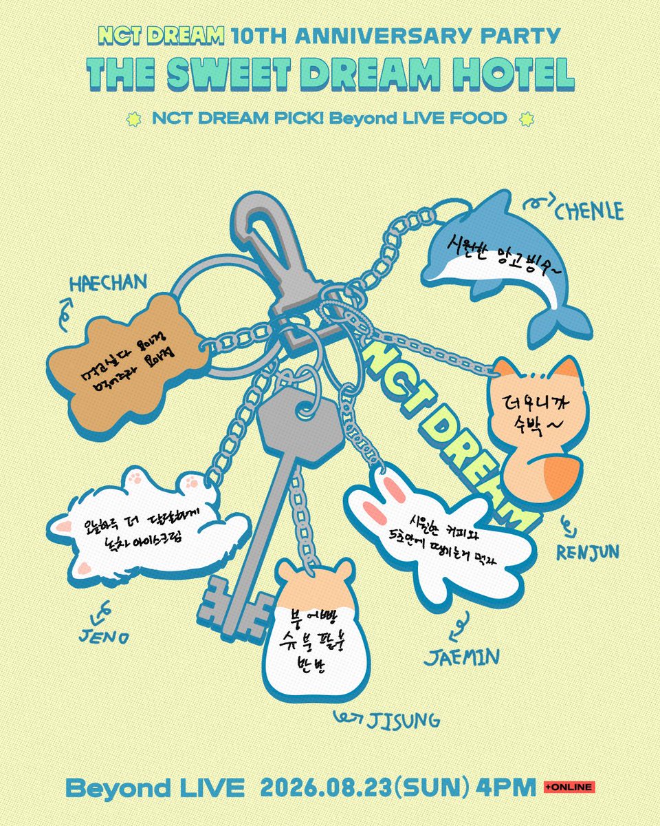 Beyond_LIVE's tweet photo. Beyond LIVE | NCT DREAM 10TH ANNIVERSARY PARTY <THE SWEET DREAM HOTEL>

NCT DREAM's Picks! 🍰
Add a little sweetness to your Beyond LIVE.💚

📆 LIVE : 8/23(SUN) 4PM(KST)

👉 Price
LIVE+Re-Streaming 49,000 KRW / 5,640 JPY / 38.60 USD

✅ Beyond LIVE
🔗 https://t.co/90mCjFreAT

🎫 Ticket Sales Period
~ 2026.08.23(SUN) 4:29:59PM(KST)

#NCTDREAM #THESWEETDREAMHOTEL
#NCTDREAM_10TH_ANNIVERSARY_PARTY
#NCT_10TH_ANNIVERSARY
#비욘드라이브 #BeyondLIVE