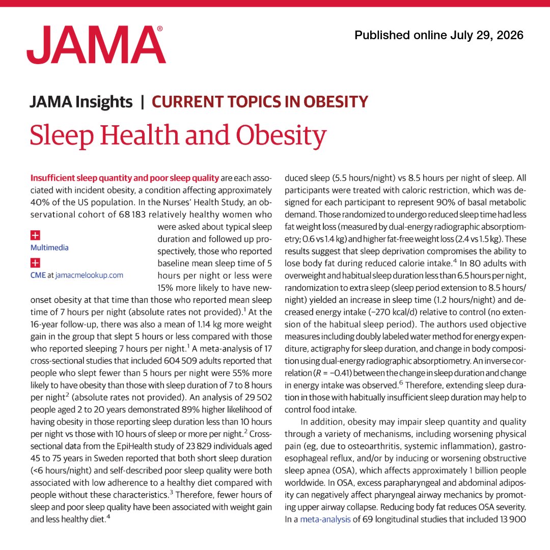 JAMA_current's tweet photo. 💡 JAMA Insights: #SleepHealth and #obesity are linked, with insufficient sleep quantity and poor sleep quality associated with weight gain, less healthy diet, and incident obesity.

https://t.co/i6gIPBiNa1 https://t.co/u5yI67iiBl