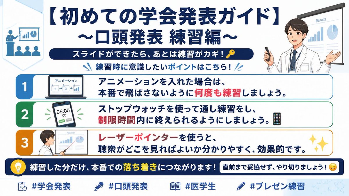 MedteriaSTU's tweet photo. 【初めての学会発表ガイド】～口演発表練習編～ 
スライドができたら、次は練習が本番の鍵を握ります🔑 
練習で意識したいポイントをご紹介！

・アニメーションをつけた場合は、本番でスキップしてしまわないよう繰り返し練習を
・時間内にきっちり収まるよう、ストップウォッチで計りながら通し練習📱
 ・レーザーポインターを使うと、聴衆がどこを見ればいいか分かりやすく親切です✨

練習量がそのまま本番の落ち着きにつながります！最後まで手を抜かず頑張りましょう😊 

#学会発表 #口演発表 #医学生 #発表練習
