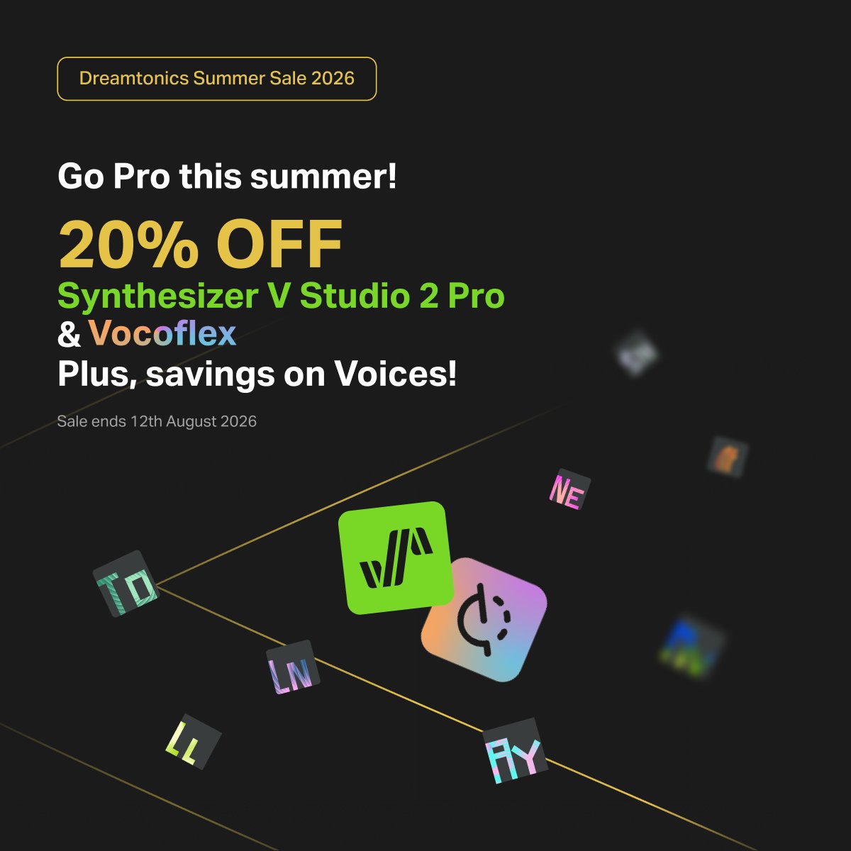 dreamtonics_en's tweet photo. The Dreamtonics Summer Sale is now live: https://t.co/33smzINIrU

From July 29 to August 12, get 20% off Synthesizer V Studio 2 Pro and Vocoflex. And for the first time, our community of 3rd-party voice developers is joining the sale, with savings on a wide universe of Voices. https://t.co/ctL4iOcDoe