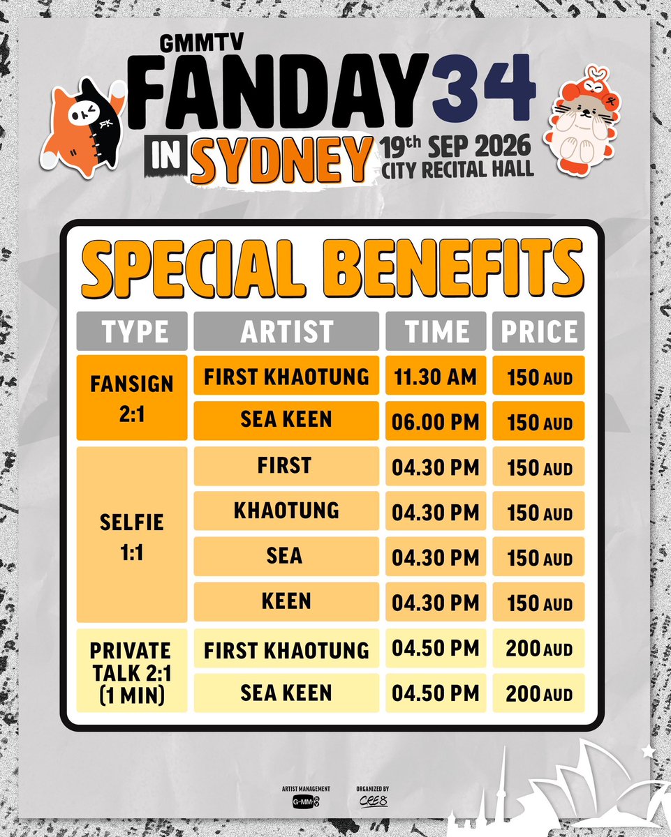 GMMTV's tweet photo. GMMTV FANDAY 34 IN SYDNEY 
Get ready for the first experience in Sydney with 
First-Khaotung and Sea-Keen. You are all invited to share laughter, joy, 
and impressive moments at this special event that will make an ordinary day memorable.

🗓️ SHOW DATE : SATURDAY, 19 SEPTEMBER 2026
SHOW 1 : FIRST - KHAOTUNG 
TIME : 2:00 PM (AEST)
SHOW 2 : SEA - KEEN
TIME : 8:30 PM (AEST)
📍VENUE : CITY RECITAL HALL

Ticket Information (first come, first served)
✨Show Ticket via City Recital Hall
     Sales start on Aug 6th 2026 at 10AM AEST

https://t.co/k3u1GAO9jh

✨Special Benefit Ticket via TicketMelon
      Sales start on Sep 12th 2026 at 12PM AEST 

https://t.co/jLWGEYAiFL

#GMMTVFANDAY34INSYDNEY
#FirstKhaotungXFanday34inSYDNEY
#SeaKeenXFanday34inSYDNEY
#GMMTV @Firstkpp @myktnw @sea_ta_lay @keenkeno_sp