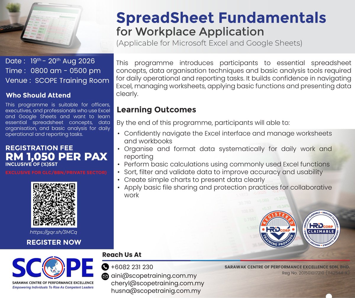 scopekuching's tweet photo. Following the success and high demand of our first run, SCOPE is pleased to invite you to SpreadSheet Fundamentals for Workplace Application Series 2.
#scopesarawak
#scopetraining
#trainingkuching
#trainingmiri
#trainingsibu https://t.co/B0cFwf8gfd