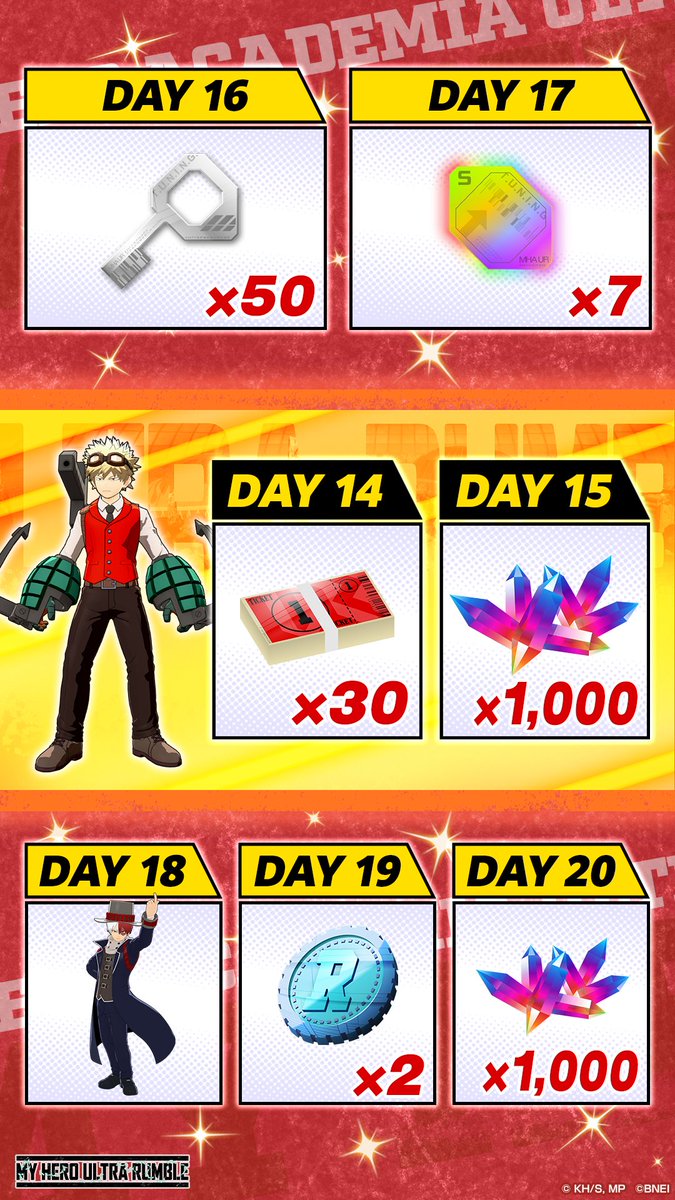 MyHeroUR's tweet photo. Thanks to everyone's incredible support,
My Hero Ultra Rumble has reached...

／
20,000,000 downloads worldwide!
＼

To celebrate this milestone,
we're holding a campaign where you
can get up to 6,000 Hero Crystals across 28 days!

▶Claim Period
9/29, 8:29pm (PDT)
*To receive everything, you will need to have started receiving Hero Crystals by 9/2 (PDT)

#MHUR