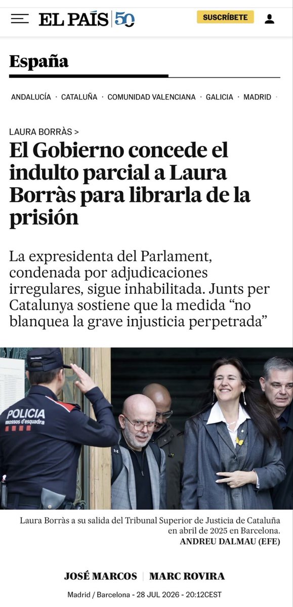 davmiranda's tweet photo. Vosotros sois muy jóvenes y no recordaréis que en 2014, en el programa“Viajando con Chester”, Pedro Sánchez le dijo a Risto Mejide que no tenía “ningún sentido” que un político indultara a otro político.

Incluso remató su reflexión con esta frase: “Siento vergüenza de que un político indulte a otro”.

Laura Borràs no fue condenada por nada relacionado con el llamado “procés”.

Fue condenada por prevaricación y falsedad en documento público, por trocear contratos para adjudicárselos discrecionalmente a un amiguete.

Vamos, un caso paradigmático de corrupción pura y dura.

Ayer el Gobierno ocultó la noticia hasta después de la comparecencia de Pedro Sánchez posterior al Consejo de Ministros.

Obviamente, porque es algo incómodo sobre lo que no quería ser interpelado por la prensa.

Ahora se va de vacaciones – como la mayoría de españoles – y, en septiembre, el tema ya estará convenientemente olvidado y amortizado.

Juvenal escribió en una de sus sátiras ¿Quis custodiet ipsos custodes? (¿Quién vigila al vigilante?) 

Pues eso.