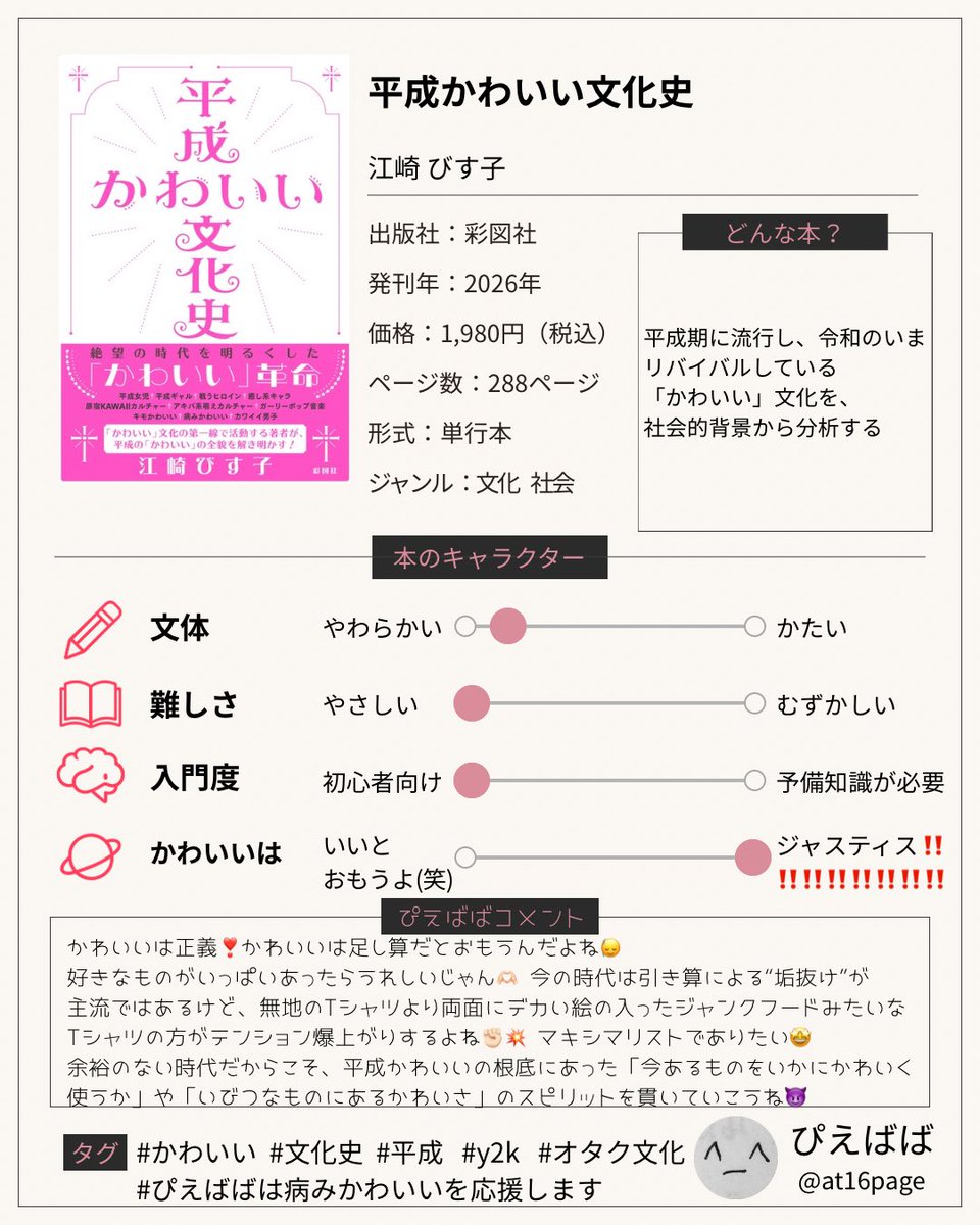 at16Page's tweet photo. 不景気な経済と、見た目を整える"垢抜け"が主流な引き算の時代だからこそ、周囲にあるものを活用して「好き」を詰め込む平成かわいいマインドを大事にしていきたいよね👊🏻 
かわいいって、こういう時代へのカウンターになりうるとおもう

平成一桁を生きた者として、懐かしいものがたくさんでてきて😭

『平成かわいい文化史』
江崎びす子（彩図社）
#読了