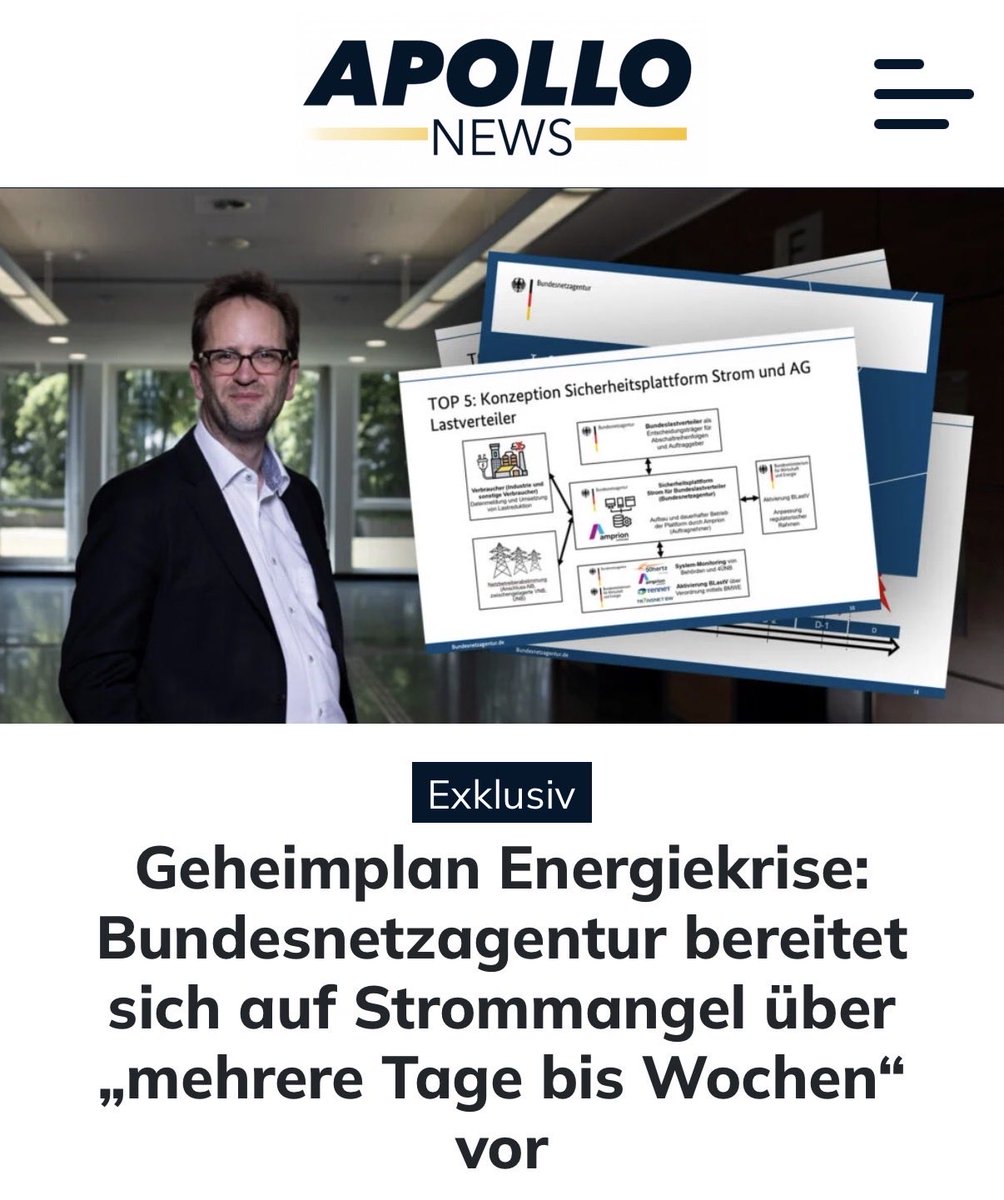 maxmannhart's tweet photo. Exklusiv: Geheimplan Energiekrise - die Bundesnetzagentur trifft umfangreiche Vorbereitungen für einen Strommangel über „mehrere Tage bis Wochen“ - dabei können Industriebetriebe dazu gezwungen werden, ihre Produktion zu drosseln oder sogar abgeschaltet werden. 

Entschädigungen sind nicht vorgesehen, die potentiellen Schäden immens. Zuvor hielt man ein solches Szenario nicht für möglich. 

Öffentlich gemacht wurde der Plan bisher nicht, um „‚Verunsicherungen‘ aufgrund der sensiblen Thematik zu vermeiden“. Bei den Netzbetreibern sorgt der Plan für Irritationen zumal er kurzfristig umgesetzt werden soll - „Die kurze Frist überrascht, weil Sie ja mehrmals betonen, dass keine Mangellage erwartet wird“, hieß es in einer internen Sitzung. 

Die ganze Recherche von @dg_graeber:

https://t.co/Wlb8ogohGy