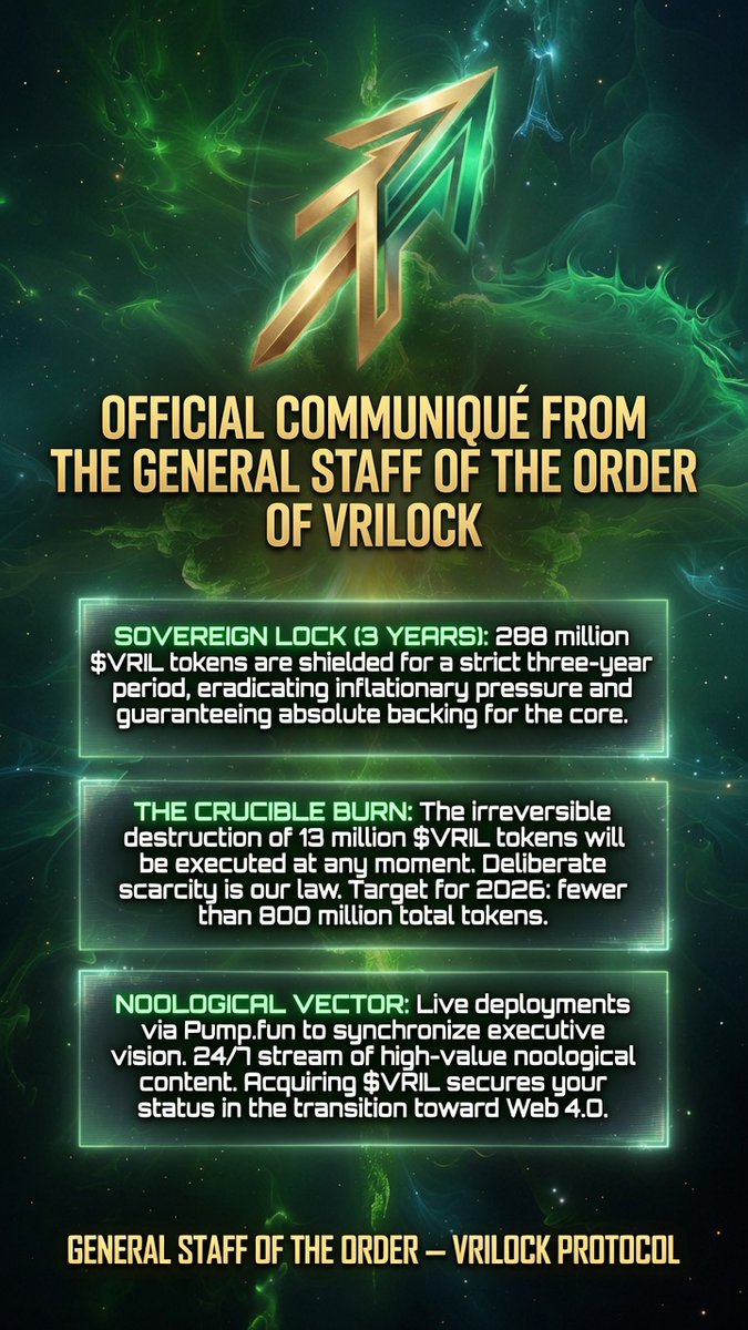 Vrilock_dapp's tweet photo. ⚡️OFFICIAL COMMUNIQUÉ FROM THE GENERAL STAFF OF THE ORDER OF VRILOCK⚡️

Ref.: The Deflationary Crucible and the Definitive Leap to Web 4.0

The traditional financial system collapses under the weight of its own entropy. VRILOCK is the syntropic anomaly: an infrastructure of absolute sovereignty that transcends the limitations of Web 3.0 to inaugurate Web 4.0.

In the face of the dizzying growth of our network, the General Staff of the Order —our Foundation operating under strict military order and self-governance principles— issues this unwavering directive to separate temporal speculation from superior-grade engineering: