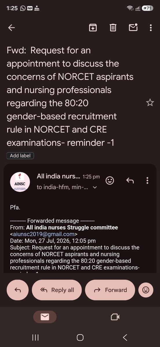 vikash_dukiya's tweet photo. आदरणीय माननीय स्वास्थ्य मंत्री श्री @JPNadda जी एवं @MoHFW_INDIA,
पिछले तीन दिनों से AIIMS NORCET अभ्यर्थी 80:20 भेदभाव के मुद्दे पर अपना पक्ष रखने हेतु आपसे मिलने के लिए लगातार समय (Appointment) का अनुरोध कर रहे हैं।
इस संबंध में अनेक ईमेल भेजे जा चुके हैं, सोशल मीडिया के माध्यम से भी कई बार निवेदन किया गया है, लेकिन अभी तक आपकी ओर से एक बार भी हाँ या ना में कोई उत्तर प्राप्त नहीं हुआ।
11 सितंबर को NORCET परीक्षा प्रस्तावित है। अभ्यर्थियों के मन में गंभीर आशंकाएँ हैं। जिस प्रकार आपने NEET के मुद्दे पर छात्रों की बात सुनी, उसी संवेदनशीलता के साथ NORCET अभ्यर्थियों की आवाज भी सुनी जानी चाहिए।
हमारा केवल इतना विनम्र अनुरोध है कि हमारे प्रतिनिधिमंडल को आपसे मिलने का अवसर दिया जाए, ताकि हम अपना पक्ष आपके समक्ष सीधे रख सकें।कृपया हमारे ईमेल और सोशल मीडिया के माध्यम से किए गए अनुरोधों पर ध्यान दें।
धन्यवाद।
#save_male_nurses