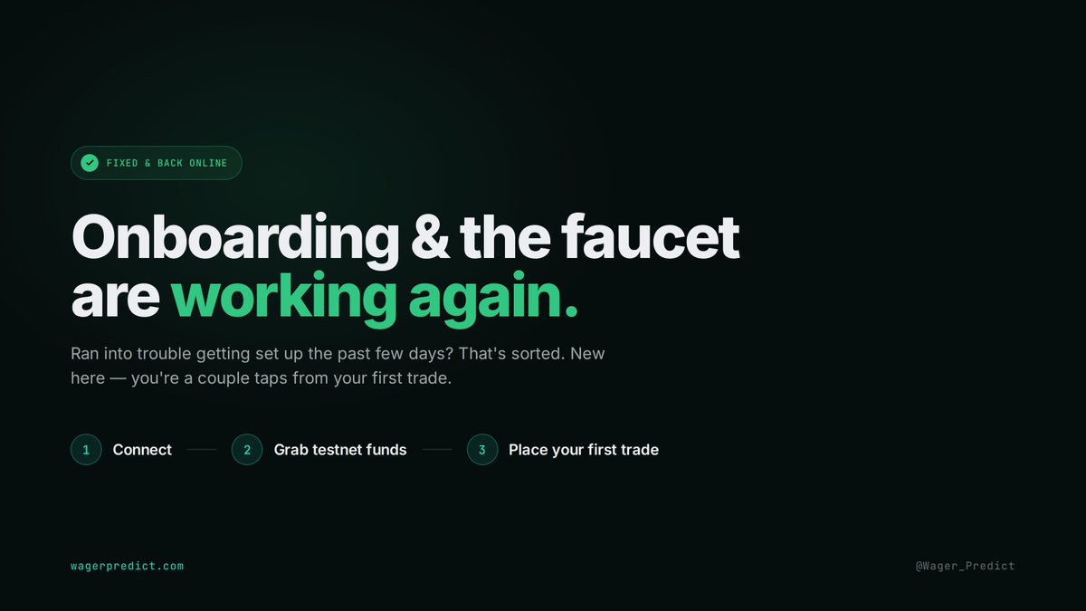 Wager_Predict's tweet photo. Heads up: a few of you ran into trouble getting set up over the past few days the onboarding + testnet faucet flow wasn't cooperating.

That's fixed. ✅ New here? Connect, grab your testnet funds, and place your first trade in a couple taps 👇
https://t.co/wXE4xTbxW9 https://t.co/T1Dmm8Ljwr