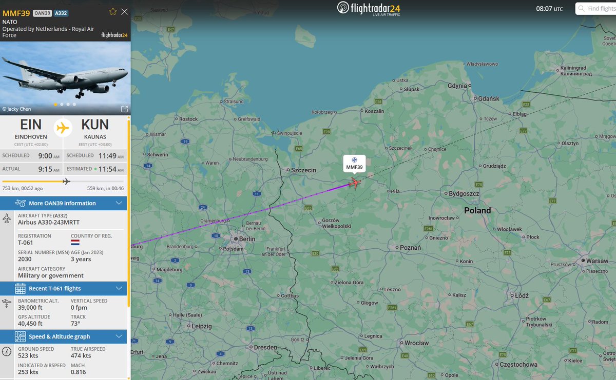 PolishMilRadar's tweet photo. 📅 29.07 🕘 10:08LT - ✈️ A330MRTT MMF tranzytem na Litwę
🇪🇺 Multinational Multi-Role Tanker Transport Fleet (MMF)
✈️ Airbus A330-243MRTT | Reg: "T-061"
🛫 Baza Lotnicza Eindhoven #EHEH | Holandia 🇳🇱
🛬 Port Lotniczy Kowno #EYKA | Litwa 🇱🇹
#MMF39 leci tranzytem na FL390 (11 887 metrów)
🔗 https://t.co/QuzG7uEWe6
#POLMILRADAR