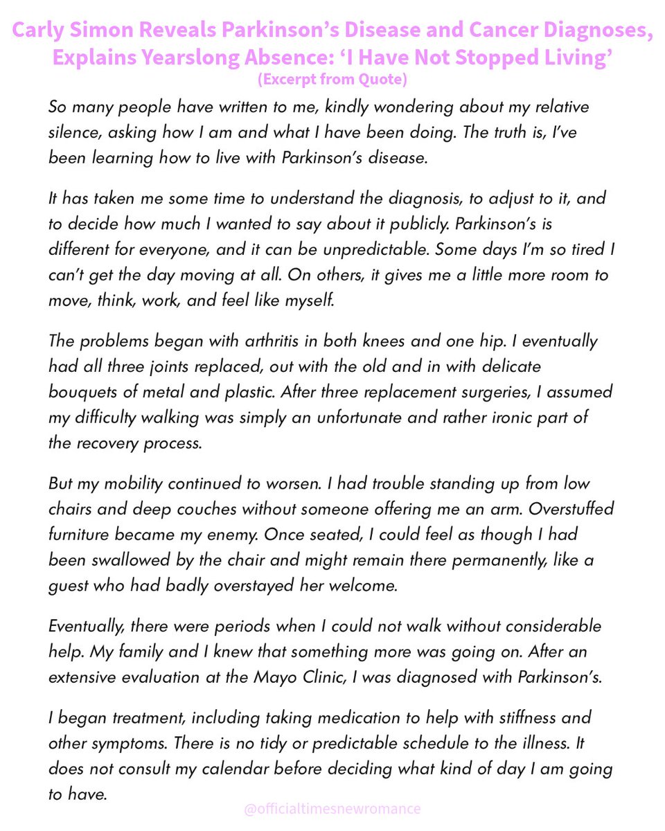 TimNewRom's tweet photo. Singer &amp; Songwriter Carly Simon Reveals She Has Been Diagnosed With Parkinsons Disease

Carly Simon has revealed to PEOPLE magazine that she is been diagnosed, and that she's also underwent surgery for basal cell carcinoma (skin cancer).

We wish you the very best Carly. ❤️ https://t.co/zCgG5nV5wE