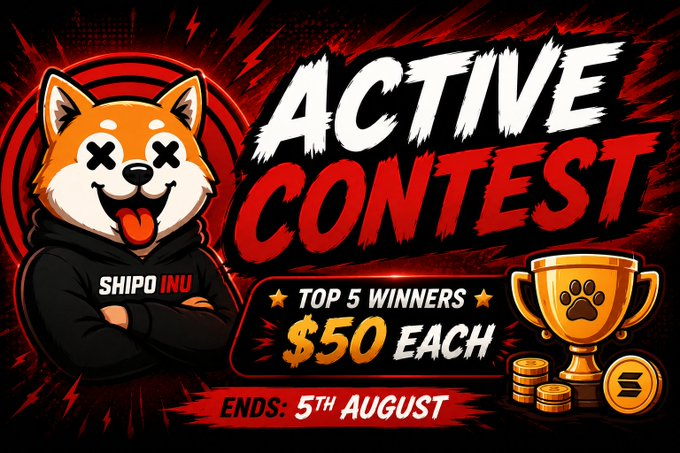 ShipoInu's tweet photo. 🔥 ACTIVE CONTEST IS LIVE! 🔥

The SHIPO INU community contest is officially active!

🏆 Top 5 Winners
💰 $50 USDT Each

Join our Telegram community, stay active, have fun, and support SHIPO INU for your chance to win.

📍 Telegram: https://t.co/CjHP3Saf8A

📅 Ends: 5th August

Good luck to everyone! 🐕🚀