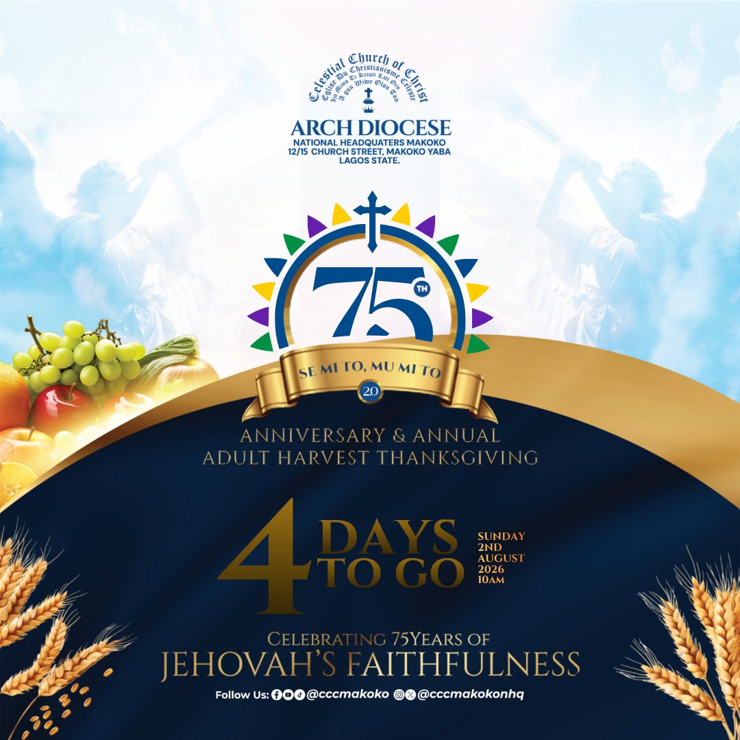 cccmakokonhq's tweet photo. 4 DAYS TO GO! ⏳🌈
The countdown is on!
#75thAdultHarvest #4DaysToGo #Thanksgiving #75YearsInNigeria #CCCMakokoAt75 #JehovahsFaithfulness #CelestialChurchofChrist #CCCMakoko #CCCWorldwide #SeMiToMuMiTo #SBJOshoffa #CCC https://t.co/ogumQDxDqq