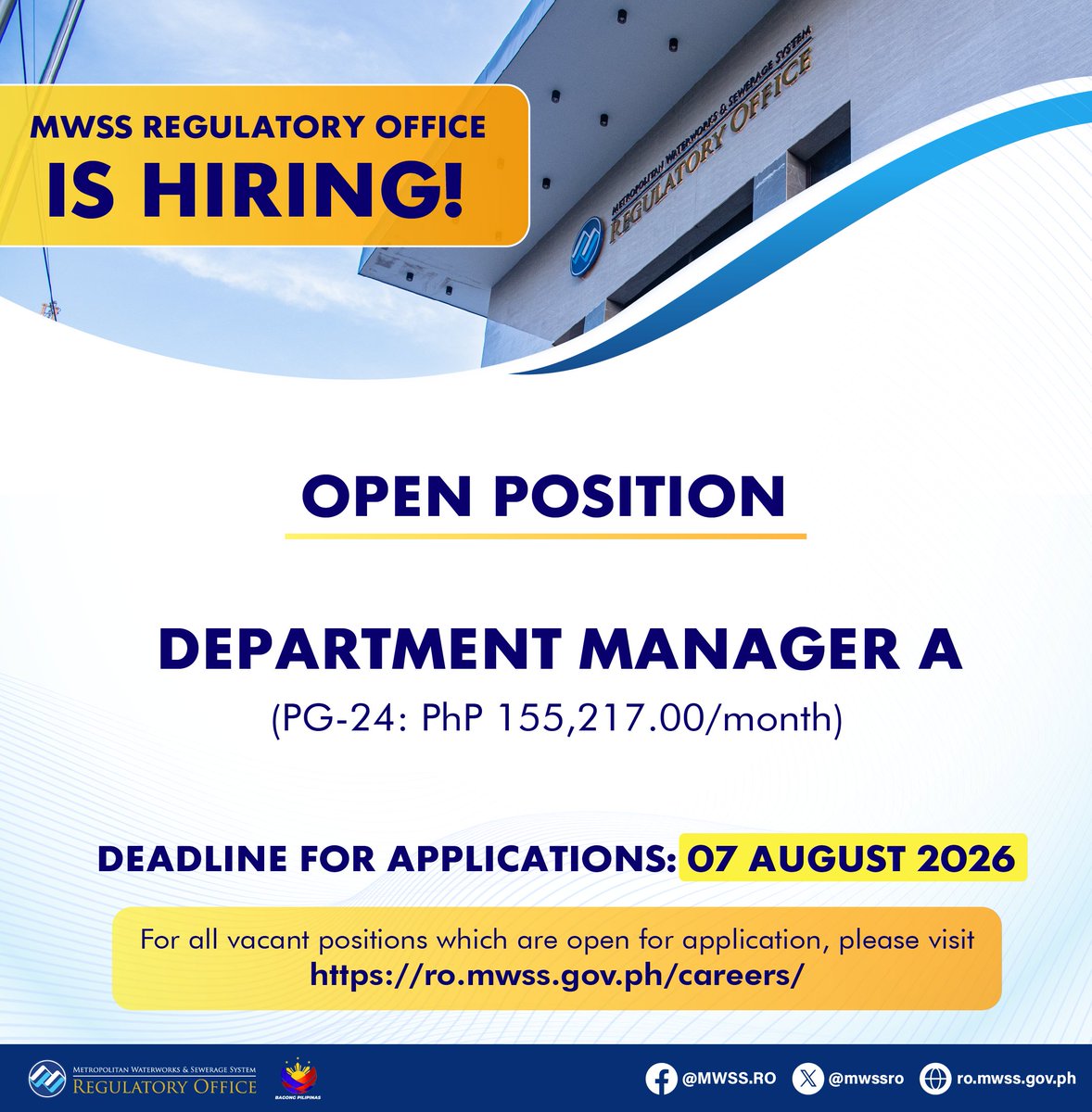 mwssro's tweet photo. The @mwssro  is hiring!

Open Position:

💧 Department Manager, Administration Department
     (Plantilla Position: PG-24; PhP 155,217.00/month)
     Application deadline:  07 August 2026 https://t.co/mC0WFF6XFr