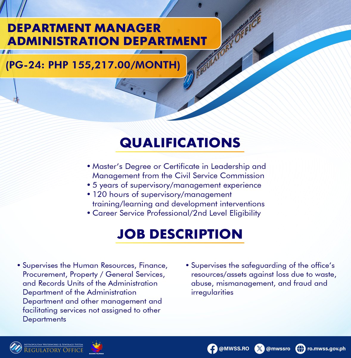 mwssro's tweet photo. The @mwssro  is hiring!

Open Position:

💧 Department Manager, Administration Department
     (Plantilla Position: PG-24; PhP 155,217.00/month)
     Application deadline:  07 August 2026 https://t.co/mC0WFF6XFr