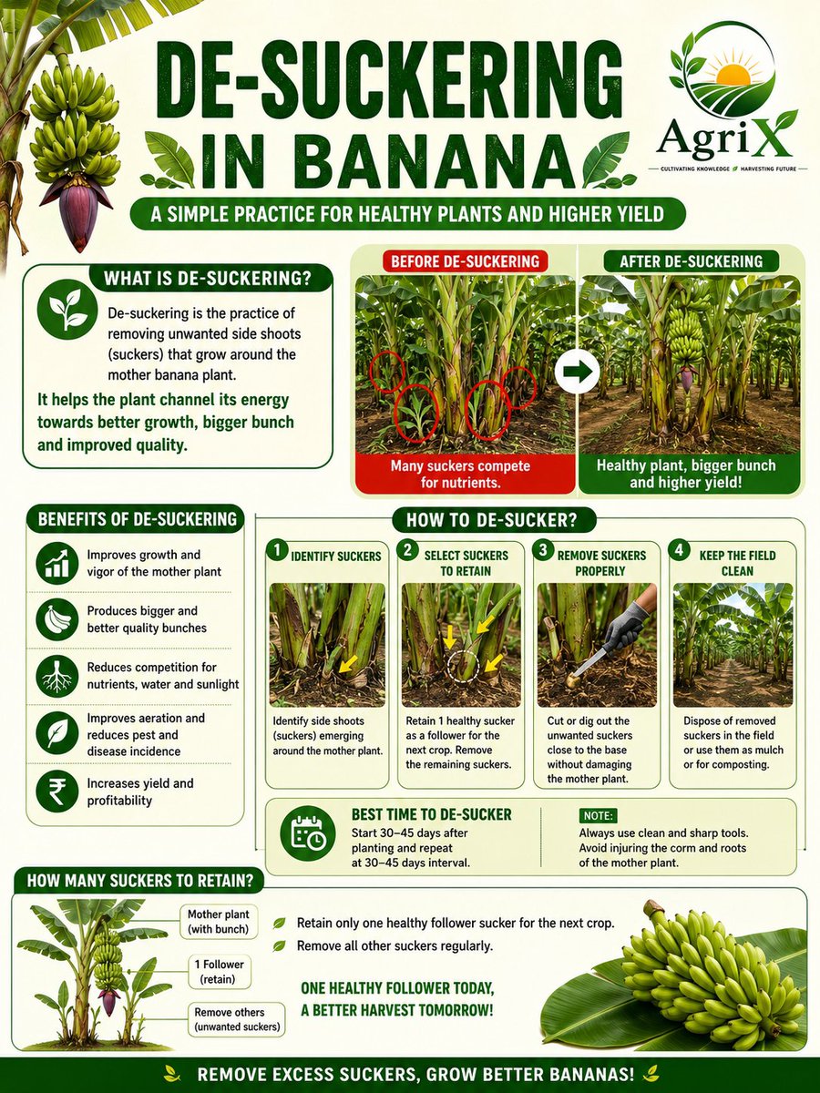 agrix2026's tweet photo. Desuckering is the removal of unwanted suckers from the base of banana plants to maintain optimum plant population and improve yield.
#Banana #Desuckering #BananaCultivation https://t.co/RnwdZNpmQo