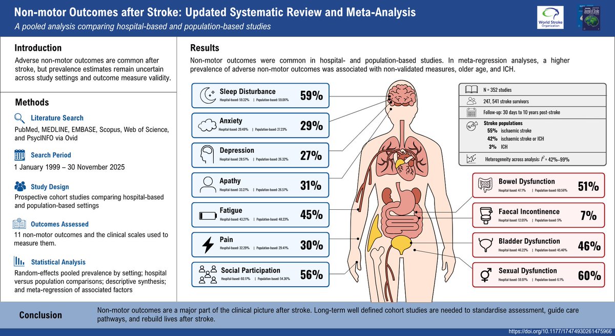 IntJStroke's tweet photo. 📈Systematic review finds non-motor outcomes after stroke are highly prevalent

❗️Evidence remains limited by inconsistent measurement, little data after ICH &amp; scarce long-term follow-up
👉More research needed

https://t.co/6T6uo66G83 @HOzkan92 @UCLStrokeRes https://t.co/w2ttI3tqcJ