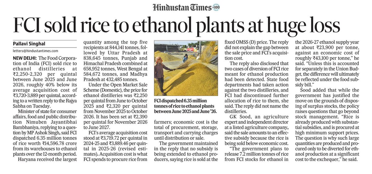 garrybirring's tweet photo. Union Minister @nitin_gadkari frames ethanol blending as a masterstroke for energy independence. But when the state buys rice at ₹3,889/quintal and offloads 6.35M tonnes to distilleries at ₹2,250/quintal, it isn't energy security, it’s an Ethanol Scam.

The exchequer takes a ₹14,500+ Cr hit, taxpayers subsidize corporate margins, and consumers pay full price at the pump. When public money is drained to bankroll private distillery profits, calling it "green transition" is an insult to the working taxpayer.