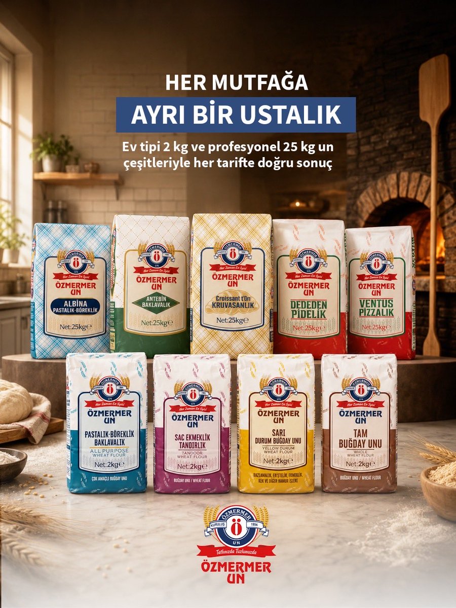 ozmermerun's tweet photo. Her tarifin ustalığı, doğru unla başlar. 🌾

Ev tipi 2 kg ve profesyonel 25 kg un çeşitleriyle; pastadan böreğe, baklavadan pideye, pizzadan ekmeğe kadar her tarifte ihtiyacınıza uygun çözüm Özmermer Un’da.

Farklı kullanım alanları, aynı güvenilir kalite… https://t.co/suU7KvAxJB