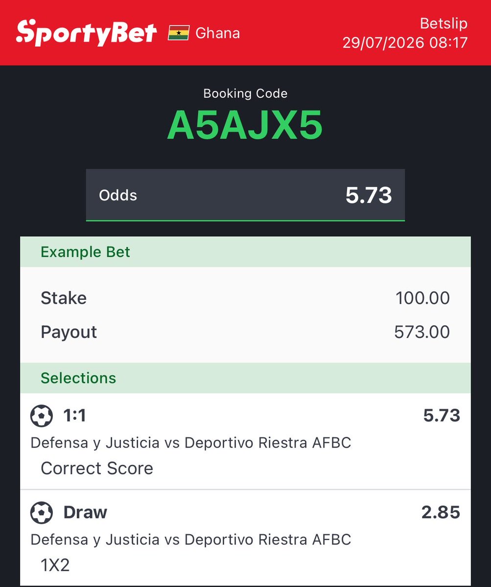 bingoodds1's tweet photo. 🎯 TODAY’S DRAW &amp; CORRECT SCORE SELECTION 🎯
📌 Code: ⁠A5AJX5⁠
📱 Bookie: SportyBet 🇬🇭
💰 Total Odds: 5.73
Load it up, stake wisely, and let’s win! 💚💸
#BettingTips #SportyBet #CorrectScore #DrawTips #SportsBetting #BettingCommunity #BingoOdds https://t.co/i70wyaUGzr
