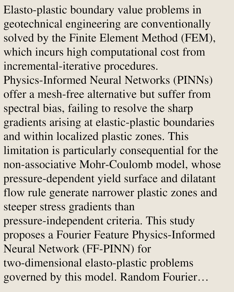 TAL's tweet photo. Fourier Feature Physics-Informed Neural Networks for Elasto-Plastic Analysis of Geomaterials with a Non-Associative Mohr-Coulomb Model

Apisit Robjanghvad, Sompote Youwai
https://t.co/ijQYH0bLyd [𝚌𝚜.𝙽𝙴] https://t.co/Fxv0EqpBQ9