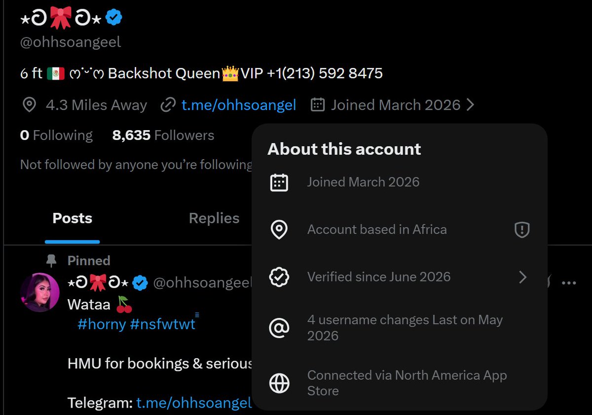 TsavoKitty's tweet photo. [ 4/5 ] – Account 4  
https://t.co/b2utzmseii 💥🔨
https://t.co/u8QdhEQCuy
Details: Joined March 2026, First post May 2026  
Loc: Africa via North America App Store  
Followers: 8,635 https://t.co/WIUTbiHLt9